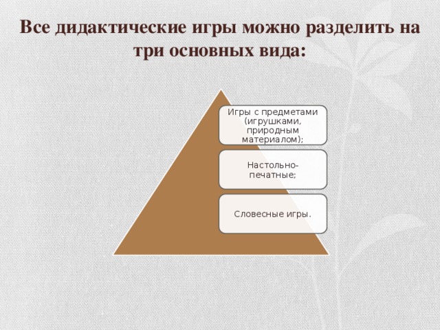 Все дидактические игры можно разделить на три основных вида: Игры с предметами (игрушками, природным материалом); Настольно- печатные; Словесные игры. 