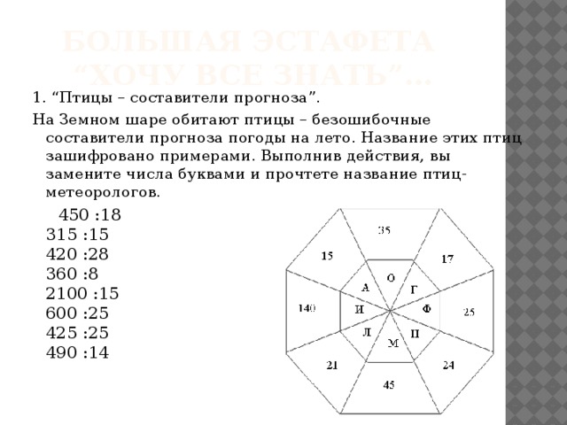 Большая эстафета  “Хочу все знать”… 1. “Птицы – составители прогноза”. На Земном шаре обитают птицы – безошибочные составители прогноза погоды на лето. Название этих птиц зашифровано примерами. Выполнив действия, вы замените числа буквами и прочтете название птиц-метеорологов.  450 :18  315 :15  420 :28  360 :8  2100 :15  600 :25  425 :25  490 :14 