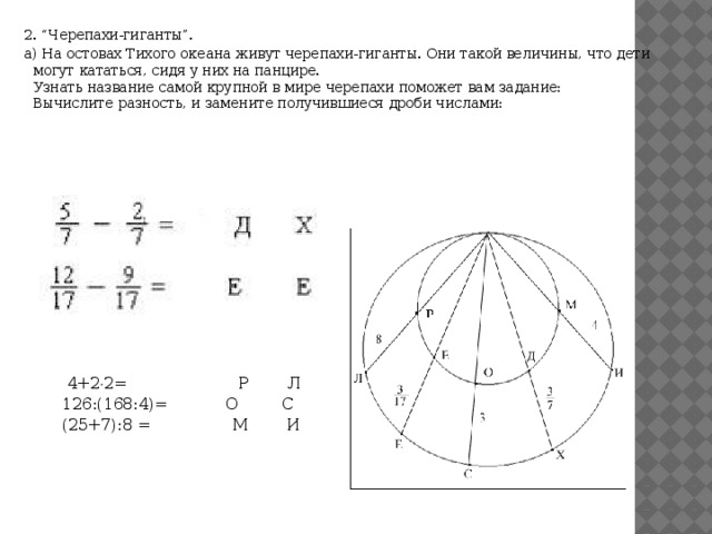 2. “Черепахи-гиганты”. а) На остовах Тихого океана живут черепахи-гиганты. Они такой величины, что дети могут кататься, сидя у них на панцире.  Узнать название самой крупной в мире черепахи поможет вам задание:  Вычислите разность, и замените получившиеся дроби числами:  4+2  2= Р Л  126:(168:4)= О С  (25+7):8 = М И 
