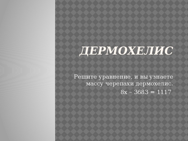 Дермохелис   Решите уравнение, и вы узнаете массу черепахи дермохелис. 8х – 3683 = 1117 