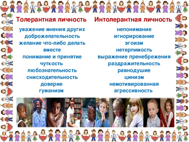 Толерантная личность уважение мнения других  доброжелательность  желание что-либо делать вместе  понимание и принятие  чуткость любознательность  снисходительность  доверие гуманизм Интолерантная личность непонимание  игнорирование  эгоизм  нетерпимость  выражение пренебрежения  раздражительность  равнодушие  цинизм  немотивированная агрессивность 