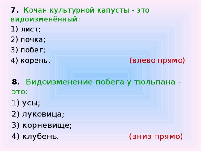 7. Кочан культурной капусты - это видоизменённый: 1) лист; 2) почка; 3) побег; 4) корень.   (влево прямо) 8. Видоизменение побега у тюльпана - это: 1) усы; 2) луковица; 3) корневище; 4) клубень.   (вниз прямо) 