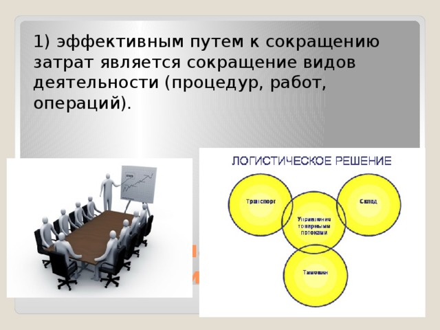 1) эффективным путем к сокращению затрат является сокращение видов деятельности (процедур, работ, операций). Принципы анализа логистических затрат: 