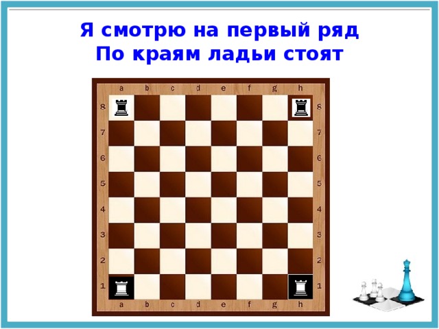  Я смотрю на первый ряд  По краям ладьи стоят   