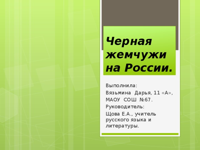 Черная жемчужина России. Выполнила: Вязьмина Дарья, 11 «А», МАОУ СОШ №67. Руководитель: Щова Е.А., учитель русского языка и литературы. 
