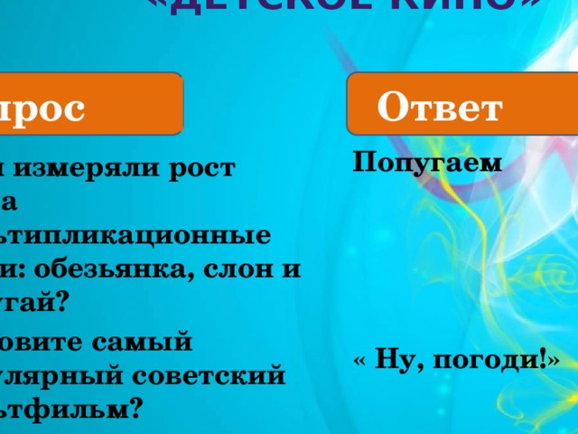  «Детское кино»   Вопрос Ответ  Попугаем      « Ну, погоди!» 7. Чем измеряли рост удава мультипликационные герои: обезьянка, слон и попугай? 8. Назовите самый популярный советский мультфильм? 