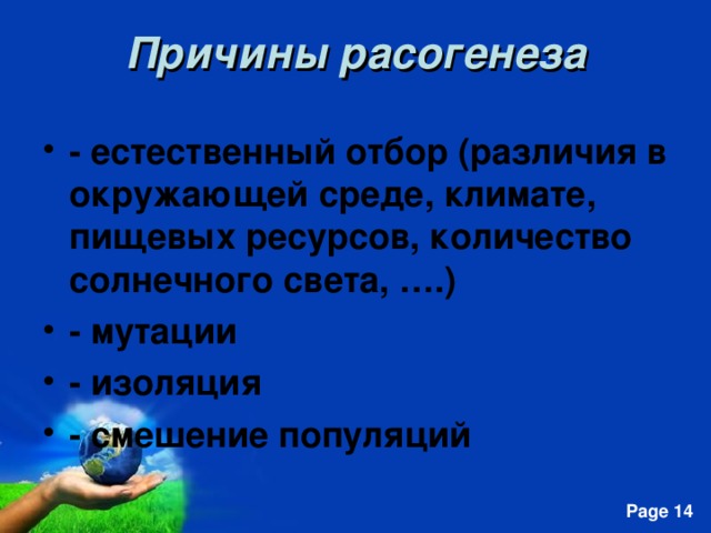 Причины расогенеза - естественный отбор (различия в окружающей среде, климате, пищевых ресурсов, количество солнечного света, ….)  - мутации - изоляция - смешение популяций  