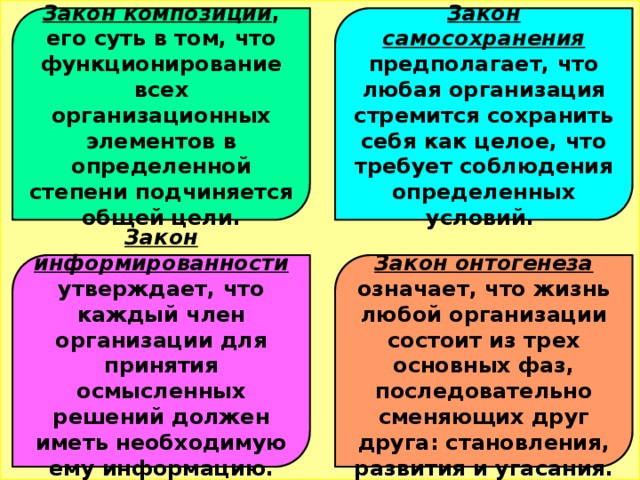 Закон  композиции , его суть в том, что функционирование всех организационных элементов в определенной степени подчиняется общей цели. Закон самосохранения предполагает, что любая организация стремится сохранить себя как целое, что требует соблюдения определенных условий. Закон информированности утверждает, что каждый член организации для принятия осмысленных решений должен иметь необходимую ему информацию.  Закон онтогенеза означает, что жизнь любой организации состоит из трех основных фаз, последовательно сменяющих друг друга: становления, развития и угасания. 