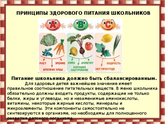  ПРИНЦИПЫ ЗДОРОВОГО ПИТАНИЯ ШКОЛЬНИКОВ Питание школьника должно быть сбалансированным.  Для здоровья детей важнейшее значение имеет правильное соотношение питательных веществ. В меню школьника обязательно должны входить продукты, содержащие не только белки, жиры и углеводы, но и незаменимые аминокислоты, витамины, некоторые жирные кислоты, минералы и микроэлементы. Эти компоненты самостоятельно не синтезируются в организме, но необходимы для полноценного развития детского организма . 