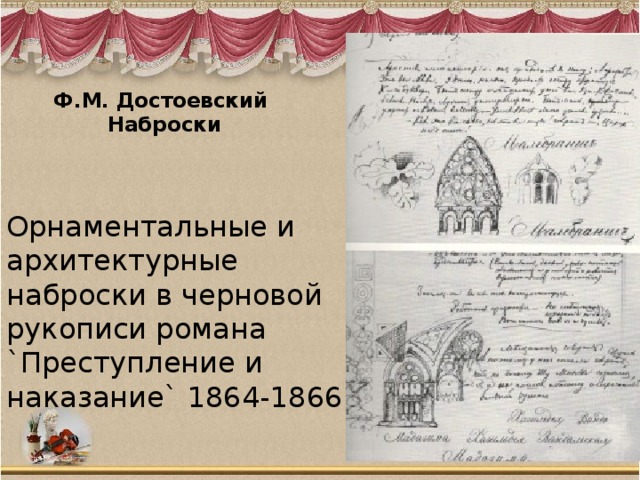Ф.М. Достоевский  Наброски   Орнаментальные и архитектурные наброски в черновой рукописи романа `Преступление и наказание` 1864-1866 