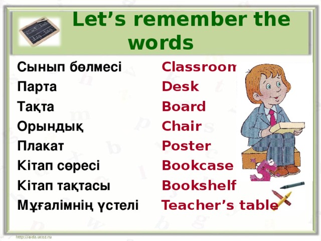   Let’s remember the words Сынып бөлмесі Парта Тақта Орындық Плакат Кітап сөресі Кітап тақтасы Мұғалімнің үстелі  Classroom Desk Board Chair Poster Bookcase Bookshelf Teacher’s table 
