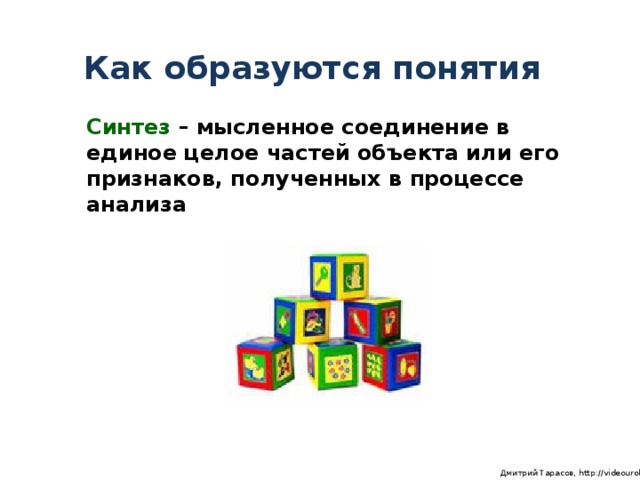 Как образуются понятия Синтез – мысленное соединение в единое целое частей объекта или его признаков, полученных в процессе анализа  Дмитрий Тарасов, http://videouroki.net