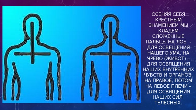 Осеняя себя крестным знамением мы кладем сложенные пальцы на лоб - для освещения нашего ума, на чрево (живот) – для освящения наших внутренних чувств и органов, на правое, потом на левое плечи – для освящения наших сил телесных. 