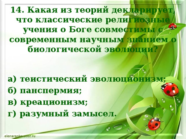 14. Какая из теорий декларирует, что классические религиозные учения о Боге совместимы с современным научным знанием о биологической эволюции? а) теистический эволюционизм; б) панспермия; в) креационизм; г) разумный замысел.    