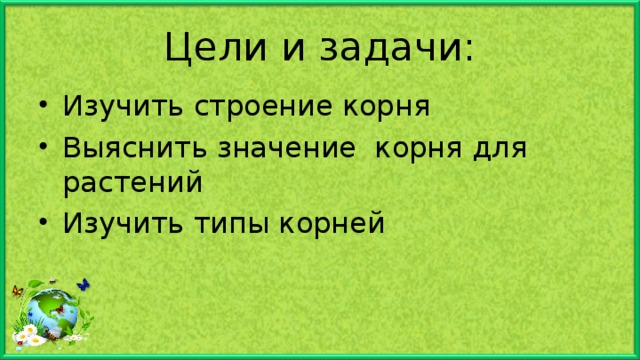 Цели и задачи: Изучить строение корня Выяснить значение корня для растений Изучить типы корней 