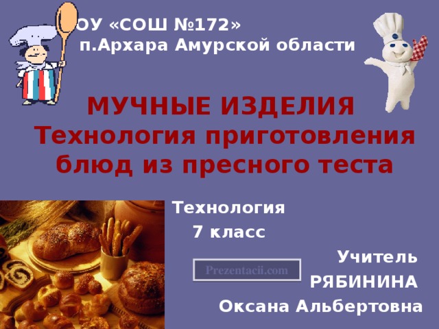 МОУ «СОШ №172» п.Архара Амурской области МУЧНЫЕ ИЗДЕЛИЯ  Технология приготовления блюд из пресного теста Технология 7 класс Учитель РЯБИНИНА Оксана Альбертовна Prezentacii.com 