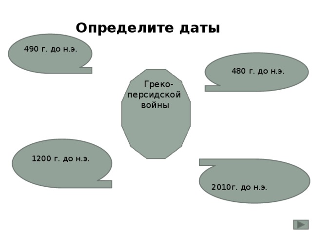 Определите даты 490 г. до н.э. 480 г. до н.э.  Греко-персидской  войны 1200 г. до н.э. 2010г. до н.э. 