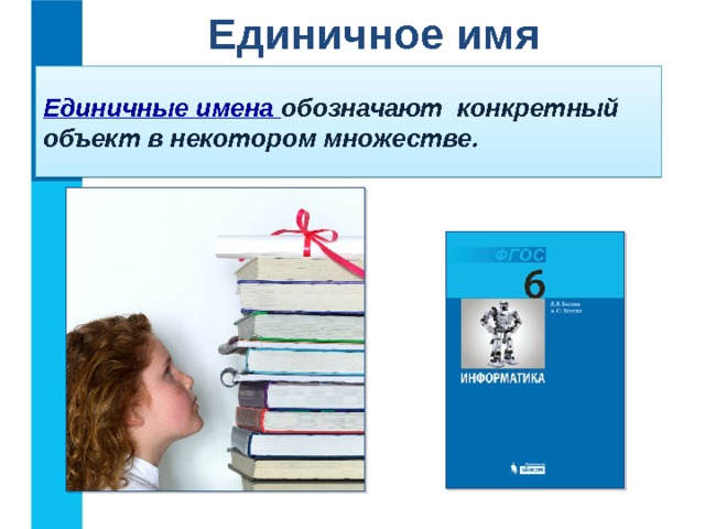 Единичное имя Единичные имена обозначают конкретный объект в некотором множестве. 11 