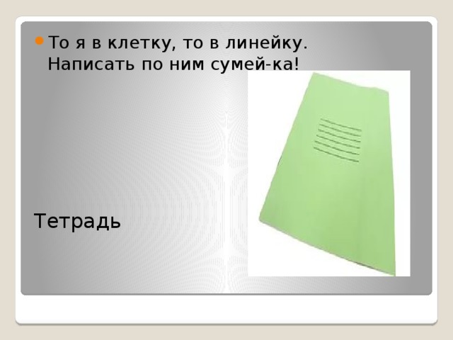 То я в клетку, то в линейку.  Написать по ним сумей-ка!    Тетрадь 