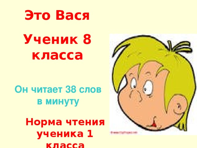 Это Вася Ученик 8 класса Он читает 38 слов в минуту Норма чтения ученика 1 класса 