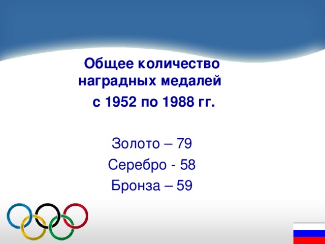 Общее количество наградных медалей  с 1952 по 1988 гг.  Золото – 79 Серебро - 58 Бронза – 59 