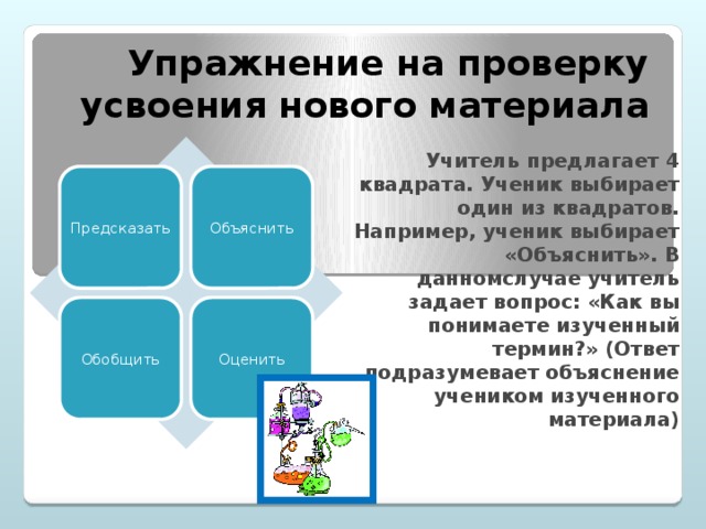 Упражнение на проверку усвоения нового материала Учитель предлагает 4 квадрата. Ученик выбирает один из квадратов. Например, ученик выбирает «Объяснить». В данномслучае учитель задает вопрос: «Как вы понимаете изученный термин?» (Ответ подразумевает объяснение учеником изученного материала) Предсказать Объяснить Обобщить Оценить
