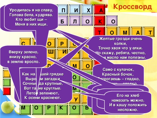 Кроссворд Уродилась я на славу, Голова бела, кудрява. Кто любит щи – Меня в них ищи. О Б Л Е П И Х А В чай кладу его порой. Чай становится такой Вкусный, ароматный Немного кисловатый.         Я Б Л О К О  Т О М А Т  Желтые грозди очень колки, Точно хвоя что у елки. Но скажу, ребята, честно, Сок и масло нам полезны. С М О Р О Д И Н А  Вверху зелено, внизу красно, в землю вросло. Ш И П О В Н И К  Продукты, богатые витамином Е Л И М О Н  Продукты, богатые железом Само с кулачок, Красный бочок, Потрогаешь – гладко, Откусишь – сладко. Как на нашей грядке Выросли загадки Сочные да крупные, Вот такие круглые. Летом зеленеют, К осени краснеют. Продукты, богатые витамином С М О Л О К О  Продукты, богатые витамином А М А С Л О  Красная и белая, Вкусная и спелая. И черна бывает. Кто ее узнает? Дикой розой куст зовут. Осенью плоды сорвут, Чай заварят ароматный, И целебный, и приятный. Ключевое слово  Жидко, а не вода, бело, а не снег. Его на хлеб намазать можно, И в кашу положить несложно. К А П У С Т А  М О Р К О В Ь