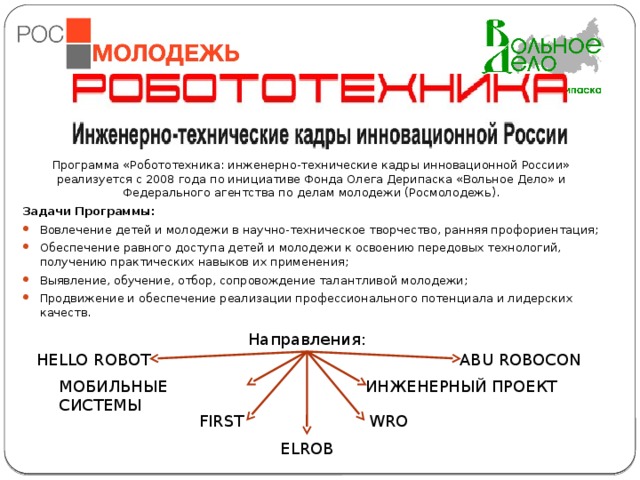 Программа «Робототехника: инженерно-технические кадры инновационной России» реализуется с 2008 года по инициативе Фонда Олега Дерипаска «Вольное Дело» и Федерального агентства по делам молодежи (Росмолодежь). Задачи Программы:  Вовлечение детей и молодежи в научно-техническое творчество, ранняя профориентация; Обеспечение равного доступа детей и молодежи к освоению передовых технологий, получению практических навыков их применения; Выявление, обучение, отбор, сопровождение талантливой молодежи; Продвижение и обеспечение реализации профессионального потенциала и лидерских качеств. Направления: HELLO ROBOT ABU ROBOCON ИНЖЕНЕРНЫЙ ПРОЕКТ МОБИЛЬНЫЕ СИСТЕМЫ FIRST WRO ELROB 