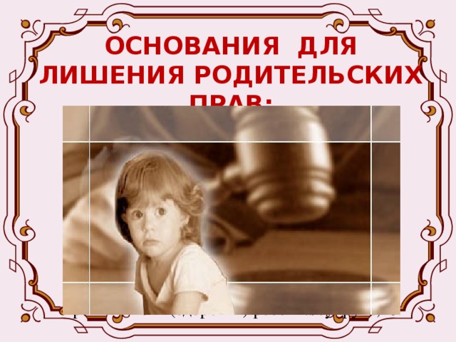 ОСНОВАНИЯ ДЛЯ ЛИШЕНИЯ РОДИТЕЛЬСКИХ ПРАВ: -Родитель(и) уклоняет(ют)ся от своей обязанности по материальному содержанию ребенка; -Жестокое обращение с детьми; -Хронический алкоголизм одного из родителей; -Оставление ребенка в роддоме/ином детском учреждении; -Злоупотребление правами родителей; -Совершение умышленного преступления против жизни (здоровья) ребенка/супруга; 