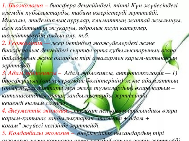 1. Биоэкология – биосфера деңгейіндегі, тіпті Күн жүйесіндегі әлемдік құбылыстарды, табиғи өзгерістерді зерттейді. Мысалы, эпидемиялық аурулар, климаттың жаппай жылынуы, азон қабатының жұқаруы, ядролық қауіп катерлер, шөлейттенудің алдын алу, т.б. 2. Геоэкология — жер бетіндегі экожүйелердегі және биосфералық деңгейдегі сыртқы орта құбылыстарының өзара байланысын және олардың тірі азғалармен қарым-қатынасын зерттейді. 3. Адам экологиясы – Адам экологиясы,  а н т р о п о э к о л о г и я — 1) биосфераның (оның құрамдас бөліктерінің) және адамзаттың (оның түрлі топтары мен жеке тұлғалардың) өзара қарым – қатынасындағы ортақ заңдылықтарды зерттейтін кешенді ғылым саласы 4. Әлеуметтік экология – табиғат пен қоғам арасындағы өзара карым-қатынас заңдылықтарын 
