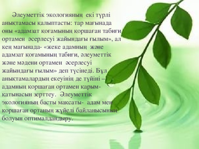  Әлеуметтік экологияның  екі түрлі анықтамасы қалыптасты: тар мағынада оны «адамзат қоғамының қоршаған табиғи ортамен  әсерлесуі жайындағы ғылым», ал кең мағынада- «жеке адамның  және адамзат қоғамының табиғи, әлеуметтік және мәдени ортамен  әсерлесуі жайындағы ғылым» деп түсінеді. Бұл анықтамалардың екеуінің де түйіні – адамның қоршаған ортамен қарым-қатынасын зерттеу.  Әлеуметтік экологияның басты мақсаты-  адам мен қоршаған ортаның жүйелі байланысының болуын оптималдандыру. 