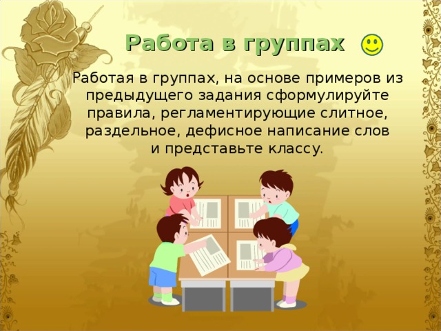 Работа в группах Работая в группах, на основе примеров из предыдущего задания сформулируйте правила, регламентирующие слитное, раздельное, дефисное написание слов  и представьте классу .