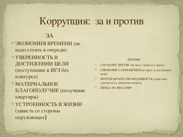 Коррупция: за и против ЗА ПРОТИВ ЭКОНОМИЯ ВРЕМЕНИ (не надо стоять в очереди) УВЕРЕННОСТЬ В ДОСТИЖЕНИИ ЦЕЛИ (поступление в ВУЗ без конкурса) МАТЕРИАЛЬНОЕ БЛАГОПОЛУЧИЕ (получение квартиры) УСТРОЕННОСТЬ В ЖИЗНИ (зависть со стороны окружающих ) СТРАДАЮТ ДРУГИЕ (не могут попасть к врачу) СНИЖЕНИЕ САМООЦЕНКИ (не верят в достижение цели) ПОТЕРЯ ВЕРЫ В СПРАВЕДЛИВОСТЬ (перестают стремиться к движению вперед) ОБИДА НА ВЕСЬ МИР 