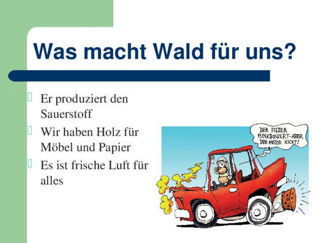 Was macht Wald für uns? Er produziert den Sauerstoff Wir haben Holz für Möbel und Papier Es ist frische Luft für alles 