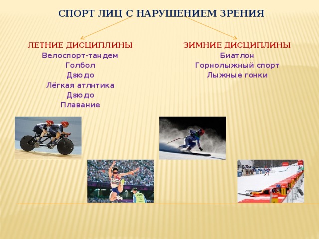 СПОРТ ЛИЦ С НАРУШЕНИЕМ ЗРЕНИЯ ЗИМНИЕ ДИСЦИПЛИНЫ ЛЕТНИЕ ДИСЦИПЛИНЫ Биатлон Велоспорт-тандем Голбол Горнолыжный спорт Дзюдо Лыжные гонки Лёгкая атлнтика Дзюдо Плавание 