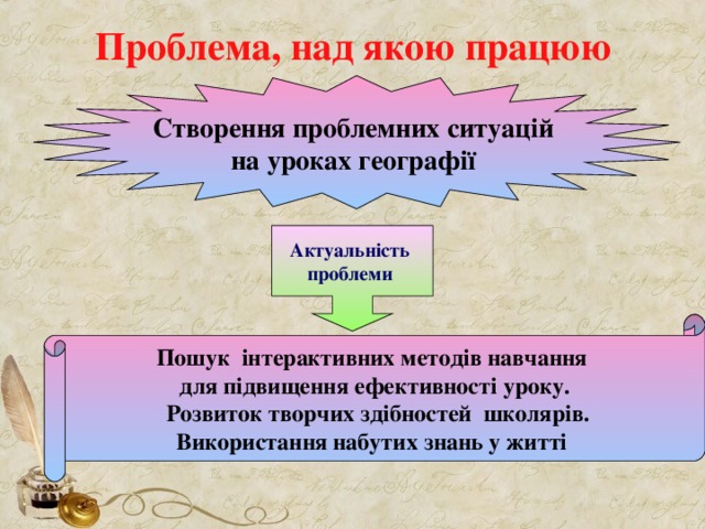 Проблема, над якою працюю Створення проблемних ситуацій на уроках географії Актуальність проблеми  Пошук інтерактивних методів навчання для підвищення ефективності уроку.  Розвиток творчих здібностей школярів. Використання набутих знань у житті 