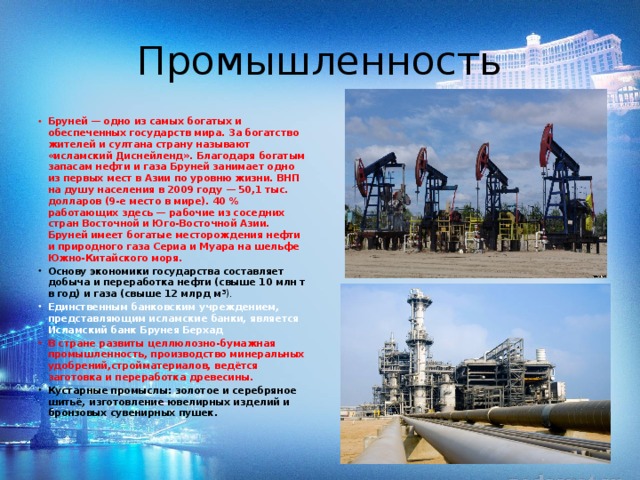 Промышленность Бруней — одно из самых богатых и обеспеченных государств мира. За богатство жителей и султана страну называют «исламский Диснейленд». Благодаря богатым запасам нефти и газа Бруней занимает одно из первых мест в Азии по уровню жизни. ВНП на душу населения в 2009 году — 50,1 тыс. долларов (9-е место в мире). 40 % работающих здесь — рабочие из соседних стран Восточной и Юго-Восточной Азии. Бруней имеет богатые месторождения нефти и природного газа Сериа и Муара на шельфе Южно-Китайского моря. Основу экономики государства составляет добыча и переработка нефти (свыше 10 млн т в год) и газа (свыше 12 млрд м³ ). Единственным банковским учреждением, представляющим исламские банки, является  Исламский банк Брунея Берхад В стране развиты целлюлозно-бумажная промышленность, производство минеральных удобрений,стройматериалов, ведётся заготовка и переработка древесины. Кустарные промыслы: золотое и серебряное шитьё, изготовление ювелирных изделий и бронзовых сувенирных пушек. 