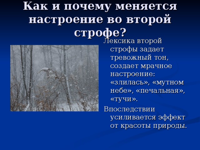 Как и почему меняется настроение во второй строфе? Лексика второй строфы задает тревожный тон, создает мрачное настроение: «злилась», «мутном небе», «печальная», «тучи». Впоследствии усиливается эффект от красоты природы.