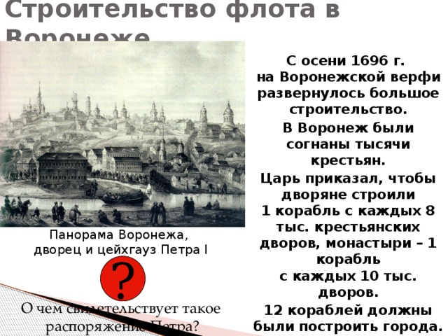 Строительство флота в Воронеже С осени 1696 г.  на Воронежской верфи развернулось большое строительство. В Воронеж были согнаны тысячи крестьян. Царь приказал, чтобы дворяне строили  1 корабль с каждых 8 тыс. крестьянских дворов, монастыри – 1 корабль  с каждых 10 тыс. дворов. 12 кораблей должны были построить города. Панорама Воронежа,  дворец и цейхгауз Петра I ? О чем свидетельствует такое  распоряжение Петра? 