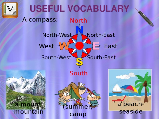 Useful vocabulary A compass: North North-East North-West West East South-West South-East South a beach-seaside a mount -mountains (summer) camp 