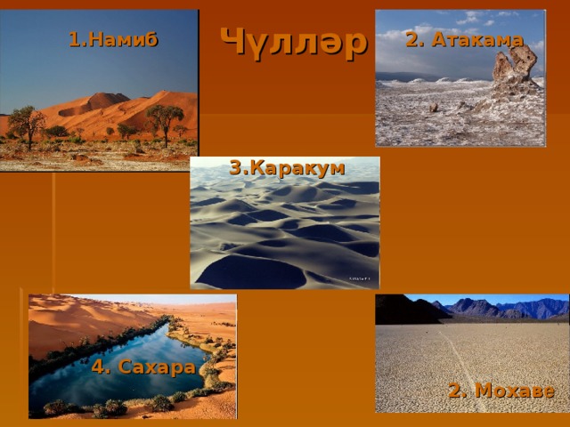  Чүлләр 2. Атакама 1.Намиб 3.Каракум 4. Сахара 2. Мохав е 
