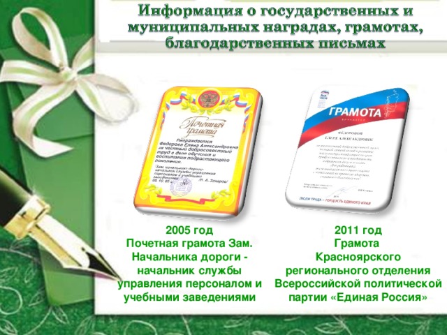 2005 год Почетная грамота Зам. Начальника дороги - начальник службы управления персоналом и учебными заведениями 20 11 год Грамота Красноярского регионального отделения Всероссийской политической партии «Единая Россия» 
