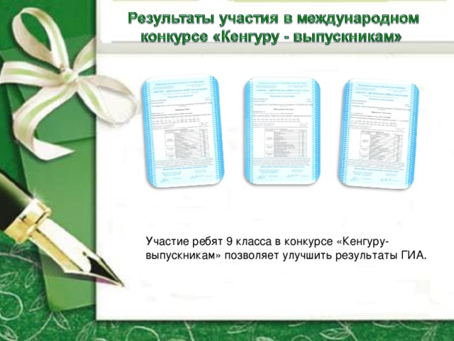 Участие ребят 9 класса в конкурсе «Кенгуру-выпускникам» позволяет улучшить результаты ГИА. 