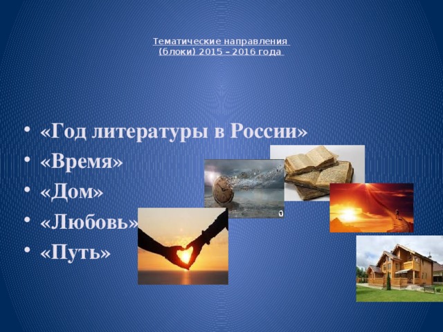   Тематические направления  (блоки) 2015 – 2016 года   «Год литературы в России» «Время» «Дом» «Любовь» «Путь»  