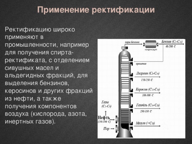 Применение ректификации Ректификацию широко применяют в промышленности, например для получения спирта-ректификата, с отделением сивушных масел и альдегидных фракций, для выделения бензинов, керосинов и других фракций из нефти, а также получения компонентов воздуха (кислорода, азота, инертных газов). 