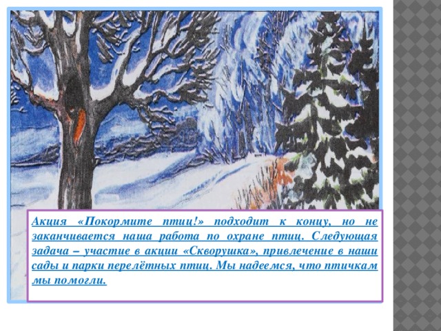 Акция «Покормите птиц!» подходит к концу, но не заканчивается наша работа по охране птиц. Следующая задача – участие в акции «Скворушка», привлечение в наши сады и парки перелётных птиц. Мы надеемся, что птичкам мы помогли.  