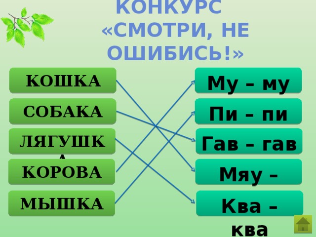 Конкурс  «смотри, не ошибись!» Му – му КОШКА Пи – пи СОБАКА Гав – гав ЛЯГУШКА КОРОВА Мяу – мяу МЫШКА Ква – ква