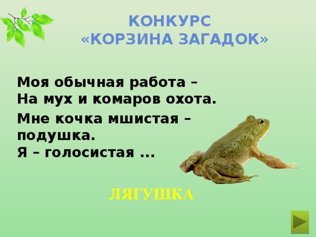 Конкурс  «Корзина загадок» Моя обычная работа –  На мух и комаров охота. Мне кочка мшистая – подушка.  Я – голосистая ... ЛЯГУШКА