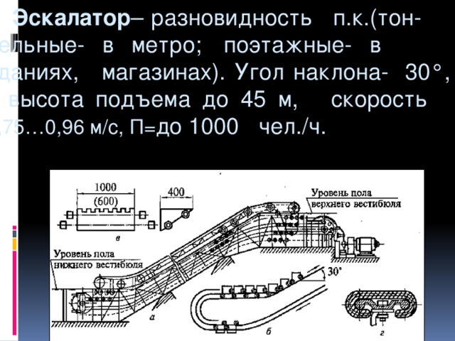   Эскалатор – разновидность  п.к.(тон-  нельные- в метро;  поэтажные- в  зданиях,  магазинах). Угол наклона-  30°,  высота подъема до 45 м,  скорость  0,75…0,96 м/с, П= до 1000  чел./ч. 
