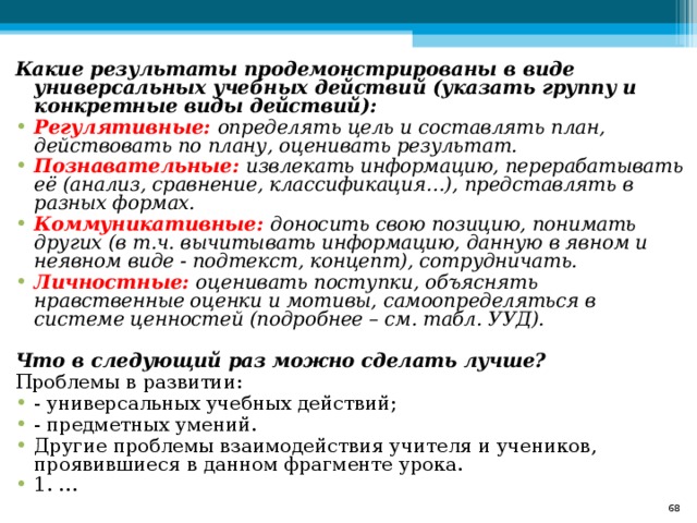 Какие результаты продемонстрированы в виде универсальных учебных действий (указать группу и конкретные виды действий): Регулятивные: определять цель и составлять план, действовать по плану, оценивать результат.  Познавательные: извлекать информацию, перерабатывать её (анализ, сравнение, классификация…), представлять в разных формах. Коммуникативные: доносить свою позицию, понимать других (в т.ч. вычитывать информацию, данную в явном и  неявном виде - подтекст, концепт), сотрудничать. Личностные: оценивать поступки, объяснять нравственные оценки и мотивы, самоопределяться в системе ценностей (подробнее – см. табл. УУД).    Что в следующий раз можно сделать лучше? Проблемы в развитии: - универсальных учебных действий; - предметных умений. Другие проблемы взаимодействия учителя и учеников, проявившиеся в данном фрагменте урока.  1. …    